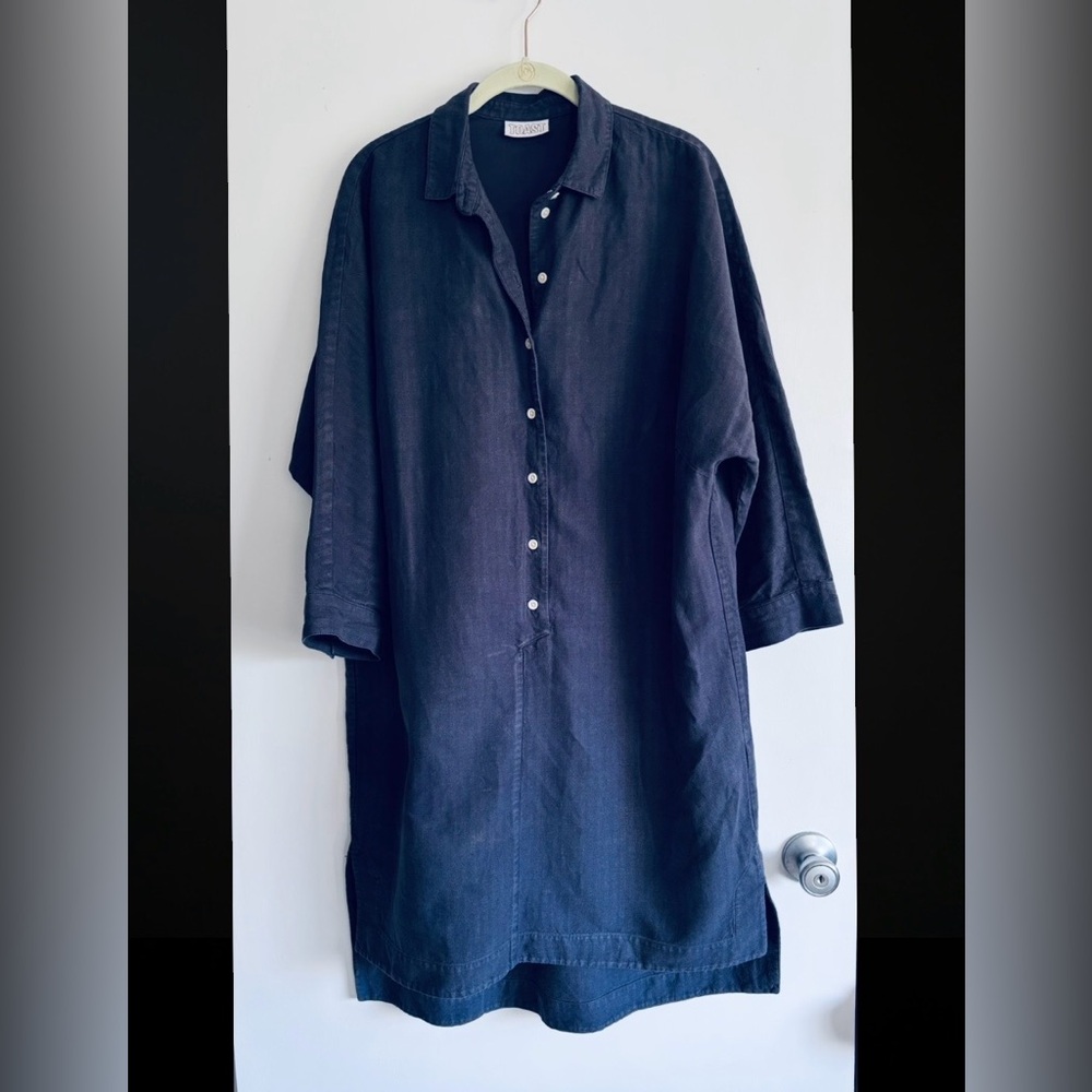 Toast Navy Linen Blend Loose Button-Up Shirt Dress
